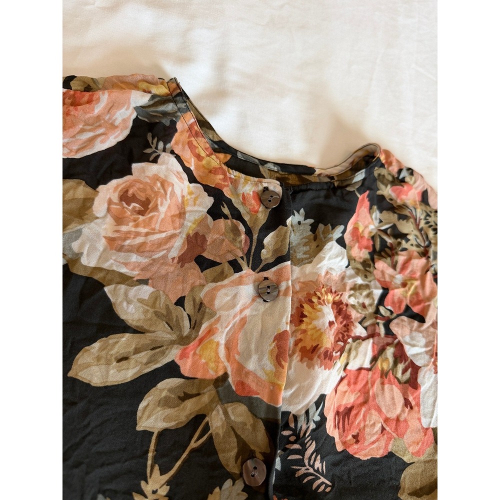 Linda Allard Ellen Tracy 100% Silk Floral Blouse Black Peach Short Sleeve Size 6 - Picture 5 of 7